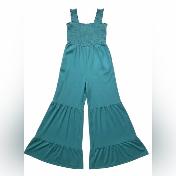 Fashion Pants - Teal Smocked Jumpsuit Women’s Small Wide Leg Ruffle Hem Boho Romper